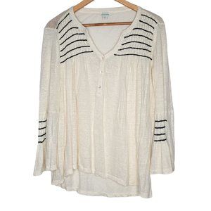 Sundance Small Linen Cream / Black Fluent Henley Bell Sleeve Embroidered‎ Top